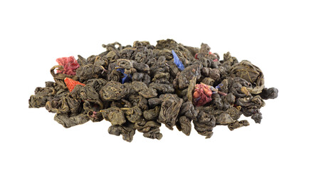 Heap of green tea with petals isolated on white background.