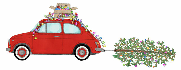 Retro Fiat 500 with Christmas decorations and tree - 686196378