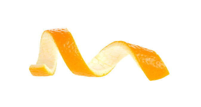 Single orange peel on a white background.