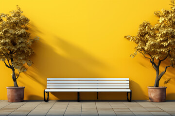 bench in a park with a yellow wall