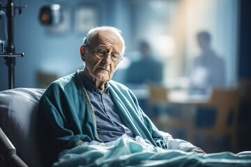 An elderly man with suspected alzheimer's or dementia lies in hospital