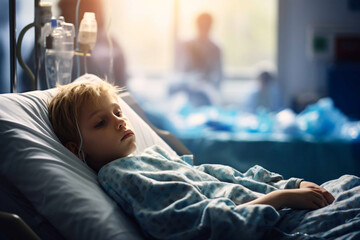 Sad little girl cancer patient lying alone in a hospital room - obrazy, fototapety, plakaty
