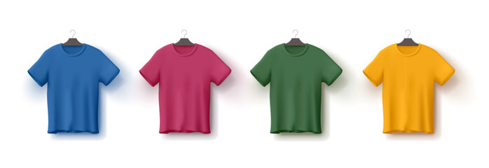 Set of colored t-shirts on a hanger, 3D, Realistic image for branding and advertising concepts for companies, sports events, and celebrations. Vector