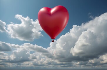 Fototapeta premium Beautiful red hart shape balloon against sky with clouds. Concept of love, fogivness, Valentine's day. AI generated