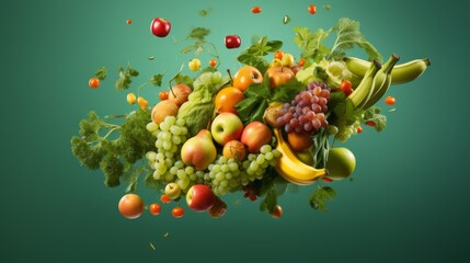 A paper bag with fruits flying out against a green background with copyspace for text Assorted vegetables and fruits are flying out of a paper bag, symbolizing vegan shopping