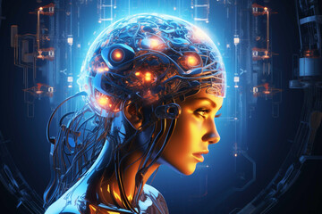 Design a futuristic girl illustrating the potential of mans brain-computer interfaces
