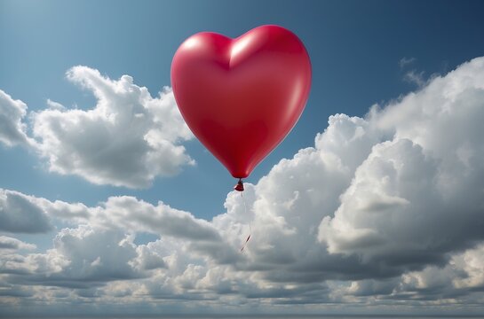 Beautiful red hart shape balloon against sky with clouds. Concept of love, fogivness, Valentine's day. AI generated