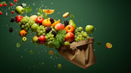 A paper bag with fruits flying out against a green background with copyspace for text Assorted...