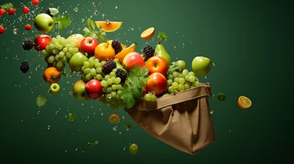 Rolgordijnen A paper bag with fruits flying out against a green background with copyspace for text Assorted vegetables and fruits are flying out of a paper bag, symbolizing vegan shopping © ND STOCK