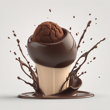 3D render of an isolated heart shaped Chocolate truffle with impactful Splash and chocolate drops and ripple cocoa powder and nuts and milk flow ice cream