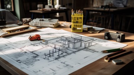 The blueprints of a residence on a worktable during the renovation, construction in progress
