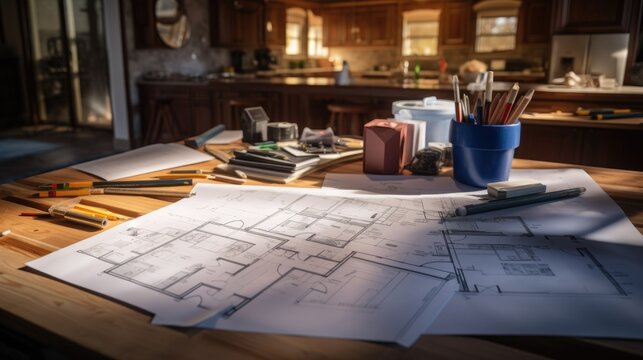 The blueprints of a residence on a worktable during the renovation, construction in progress