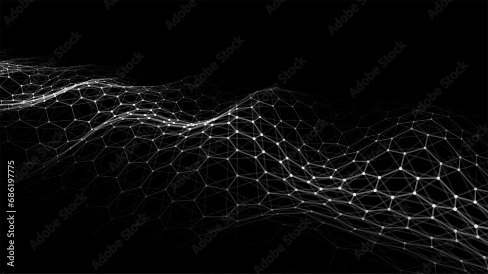 Fototapete Black hexagon wave of particles and lines. Big data visualization. Abstract background with a dynamic wave. Vector illustration.