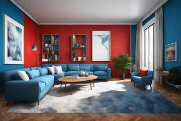 a living room, dining room with white walls,  hardwood flooring  with , glittery blue and red  background, light mode