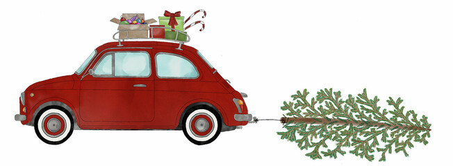Retro Fiat 500 with Christmas gifts and tree - 686197773