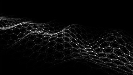 Black hexagon wave of particles and lines. Big data visualization. Abstract background with a dynamic wave. Vector illustration. - obrazy, fototapety, plakaty