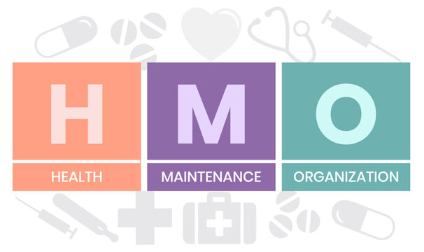 HMO, Health Maintenance Organization acronym. Concept with keyword and icons. Flat vector illustration. Isolated on white.