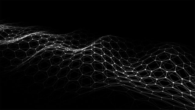 Black hexagon wave of particles and lines. Big data visualization. Abstract background with a dynamic wave. Vector illustration.