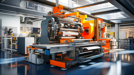 Fototapeta premium 3d rendering of a modern factory interior with production line and equipment. Production line of the digital printing machine. Modern automated production line. Generative AI technology