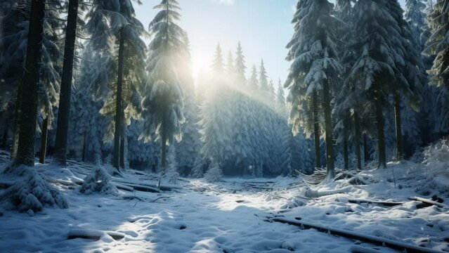 Mysterious forest during winter and rainy season, snow covers the trees in the forest. Seamless looping video animation background. Generated with AI