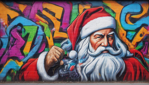 Santa Claus' Face Graffiti on Old Wall, Street Art, Generative Ai
