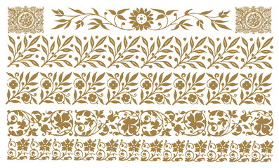 Gold Floral Border Divider. Floral Elegant Motif. Hand Drawn Vector Outline, Graphic, Line Art. Vintage Baroque Ornament Frame. Modern Style. Antique Botanical Retro Design. Victorian Frame Border