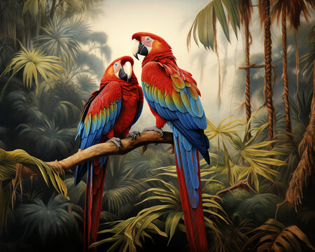 painting of two parrots sitting on a branch in a tropical forest