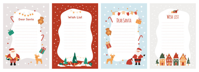 Christmas wish list set, letter template with Santa Claus, cute animals deer and bear, cozy houses and snowy trees, festive bunting. Winter illustration for kids gifts wishes, dreams message. - obrazy, fototapety, plakaty