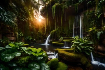 Crystal Cascades Amidst Lush Greenery. Generative AI