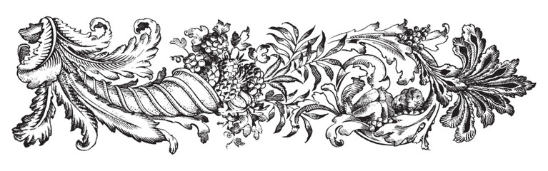 Floral Engraving Border. Hand Drawn Vector Outline, Graphic, Line Art. Vintage Baroque Ornament Frame. Modern Style. Antique Botanical Retro. Victorian Frame Border. Medieval Style Divider.