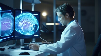 Specialized neurology doctor studying brain tests on a monitor in a hospital - obrazy, fototapety, plakaty