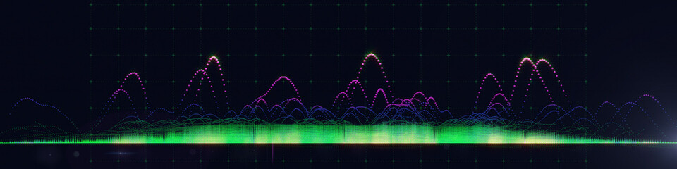 Abstract background color graph from wavy color sphere and audio noise. Technology concept data grid. Big Data. Banner for business, science and technology data analytics.