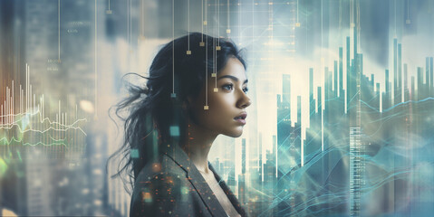 A woman/artificial intelligence surrounded by visualisations of data and diagrams