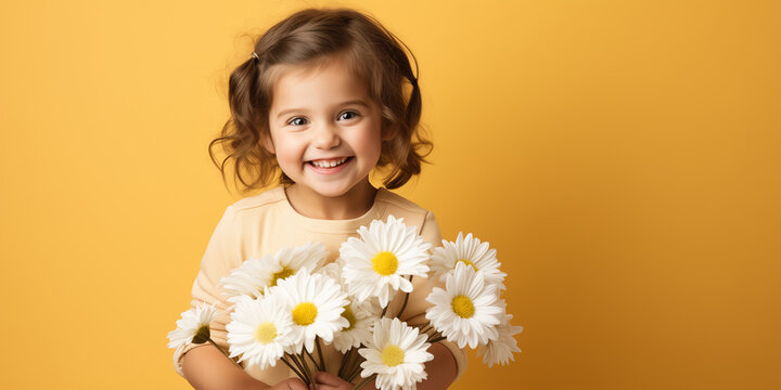 cute little girl with a bouquet of wild flowers for mom
