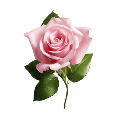 Fototapeta premium A pink rose with green leaves isolated on transparent background