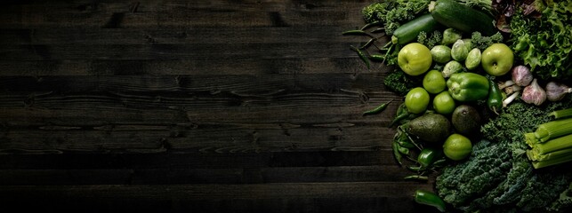 a large pile of fresh vegetables on a table top with a dark wooden background - Powered by Adobe