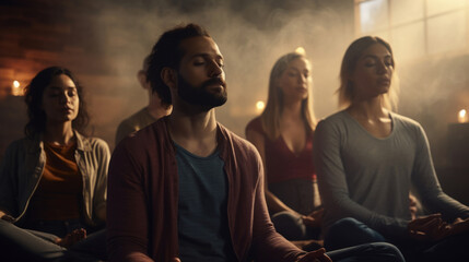 Group, diverse and meditation in a studio for mindfulness practise and lotus spirituality. Calm people, deep breathing or religion for mental health, zen, and stress free lifestyle for burnout relief - obrazy, fototapety, plakaty