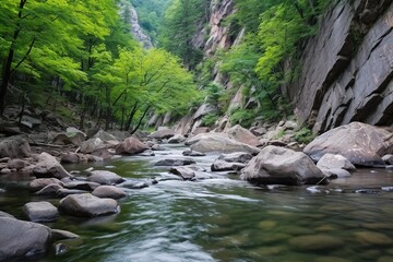 Naklejka na ściany i meble Shot of clear creek running alongside a waterfall trail