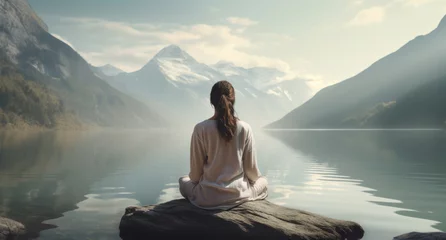 Zelfklevend Fotobehang Meditation, landscape and woman sitting on a rock at a lake for mindfulness and relax spirituality. Peaceful, stress free and focus in nature with view for mental health, zen and meditating practise © MalamboBot/Peopleimages - AI