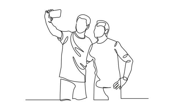 continuous line drawing of two close friends taking selfies. the concept of friendship, selfy, emotional support, and comfort in someone's happy moment. single-line vector illustration.