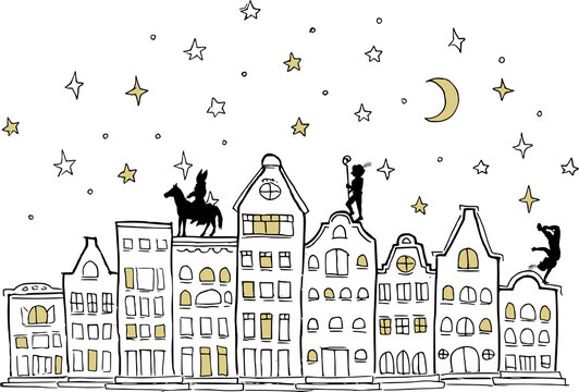 Sinterklaas and Piet on the roof in the moonlight