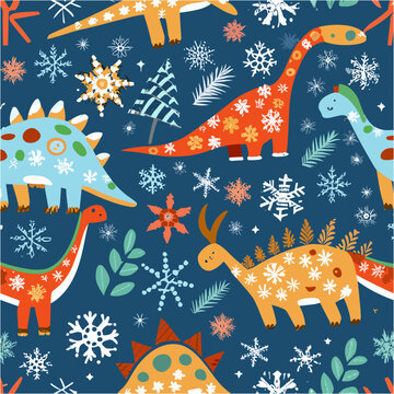 Vector christmas pattern with
cartoon dinosaurs, snowflakes, christmas tree and 
stars on a blue background. 
2024 new year fashion ornament for fabric, paper,
textiles, notepad, children clothing.