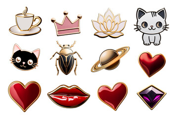 Popular cute enamel pins icons set isolated. Beauty enamel pins collection - heart, flower - obrazy, fototapety, plakaty
