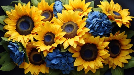 A bouquet of sunflowers with blue flowers