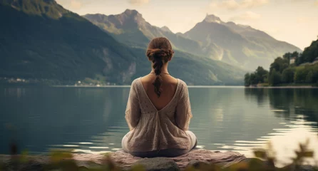 Keuken spatwand met foto Meditation, landscape and woman sitting on a rock at a lake for mindfulness and relax spirituality. Peaceful, stress free and focus in nature with view for mental health, zen and meditating practise © MalamboBot/Peopleimages - AI
