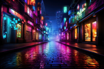 Fototapeta na wymiar A swirling mix of neon lights in an urban alley, reflecting the lively energy of city nightlife. Concept of vibrant cityscape and nocturnal vibes. Generative Ai.
