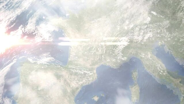 Zoom in from space and focus on Aurillac, France. 3D Animation. Background for travel intro. Elements of this image furnished by NASA	