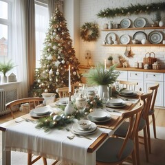 A dining room with a Christmas tree, tablescape, and Scandinavian-inspired dishes