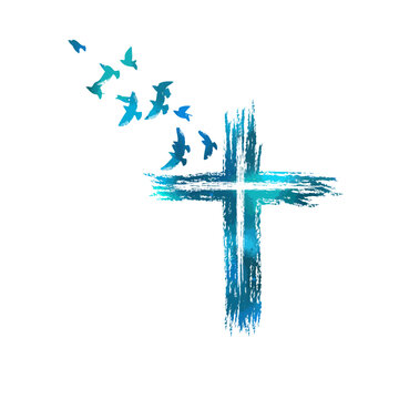 Blue cross religious with birds. Happy easter. hand drawing. Not AI . Vector illustration.