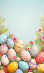 Fototapeta na wymiar A vibrant Easter card with colorful eggs nestled in grass under a blue sky.